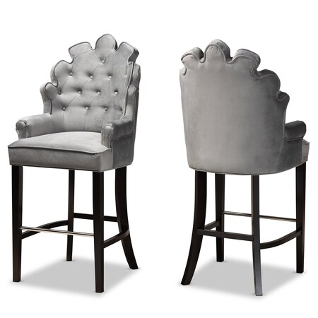 Baxton Studio Chloe Modern and Contemporary Dark Grey Velvet and Dark Brown Finished Wood 2-Piece Bar Stool Set 181-11007-Zoro